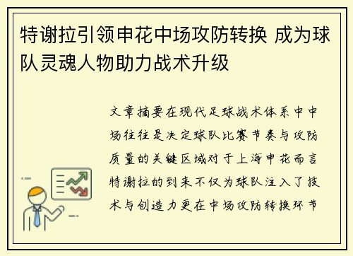特谢拉引领申花中场攻防转换 成为球队灵魂人物助力战术升级