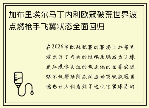 加布里埃尔马丁内利欧冠破荒世界波点燃枪手飞翼状态全面回归